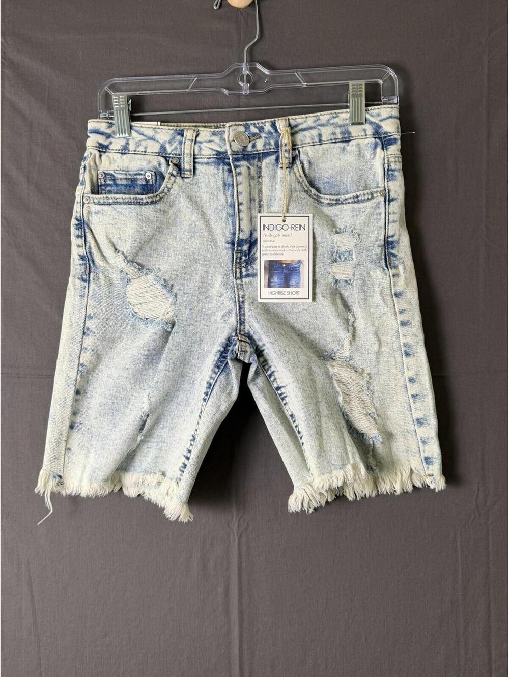 Indigo Rein High Rise Distressed Denim Shorts Women’s Size 7 Waist 27 Light Wash